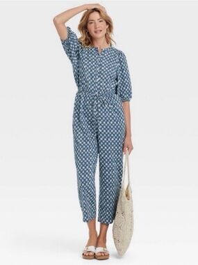 100% Cotton Universal Thread Printed Blue Tie-Waist Jumpsuit